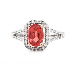Orange Sapphire Oval 1.52 Carat Halo Split Shank Ring With Diamond Accents In 14k White Gold, Sapphire Jewelry, Women Ring (51697)