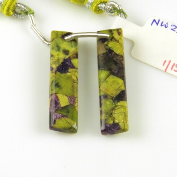 Stichtite Drops Baguette Shape 33x8mm Drilled Beads Matching Pair, Mix Of  Vibrant Green With Accents Of Purple And Hints Of Gold (18850)
