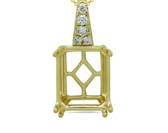 14k Yellow Gold Pendant Semi Mount, Emerald Cut 11x9mm With Diamond Accents (55138)