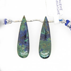Azurite Malachite Drop Almond Shape 41x12mm Drilled Bead Matching Pair, Beautiful Elongated Green Blue Briolette, For Earring Making (43235)
