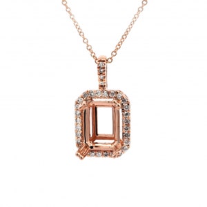 May include: A rose gold pendant setting with a square emerald cut center stone and a halo of smaller diamonds.
