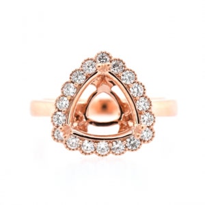 Ring Semi-Mount Trillion 9mm In 14k Rose Gold With Diamond Accents, Milgrain Finish Halo Wedding Ring  Mount, Ladies Jewelry Gift (36890)