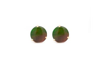 Fossilized Ammolite Cab Round 10mm, 5.51 Carat Stud Earring in 14K Yellow Gold (145774)