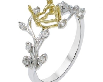 Ring Semi Mount Heart Shape 6mm In 14k Dual Tone (White/ Yellow) Gold With Diamond Accent, Leafy Designer Branch Ring Semi Mount (51693)