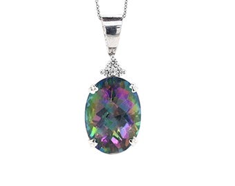 May include: A silver pendant necklace featuring an oval-cut, iridescent gemstone. The gemstone displays a spectrum of colors, including green, purple, and blue. The pendant is accented with small, clear gemstones and hangs from a delicate silver chain.