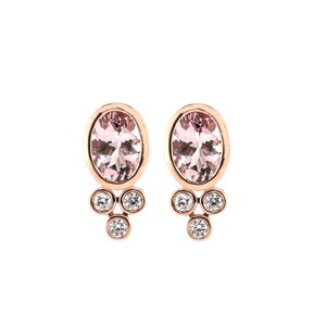 Morganite Oval 1.38 Carat Bezel Set Stud Earring In 14k Rose Gold With Diamond Accents, Ladies Earrings, Morganite Ear Jewelry (54428)