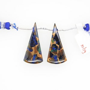 Copper Azurite Malachite Conical Shape 35x16mm Drilled Beads Matching Pair, Beautiful Blue Copper Color Drop, For Earring Making (26961)