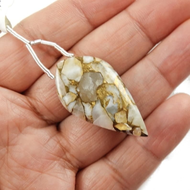 Finest Quality Beautiful Gold Accents 35609 Copper Calcite Drop Leaf Shape 36x19mm Drilled Bead Single Pendant Piece Silky Luster