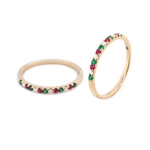 Emerald And Ruby 0.12 Carat Ring Band In 14k Yellow Gold With Diamond Accents- Alternate Stone Ring Band-Ladies Stackable Ring Band (49508)