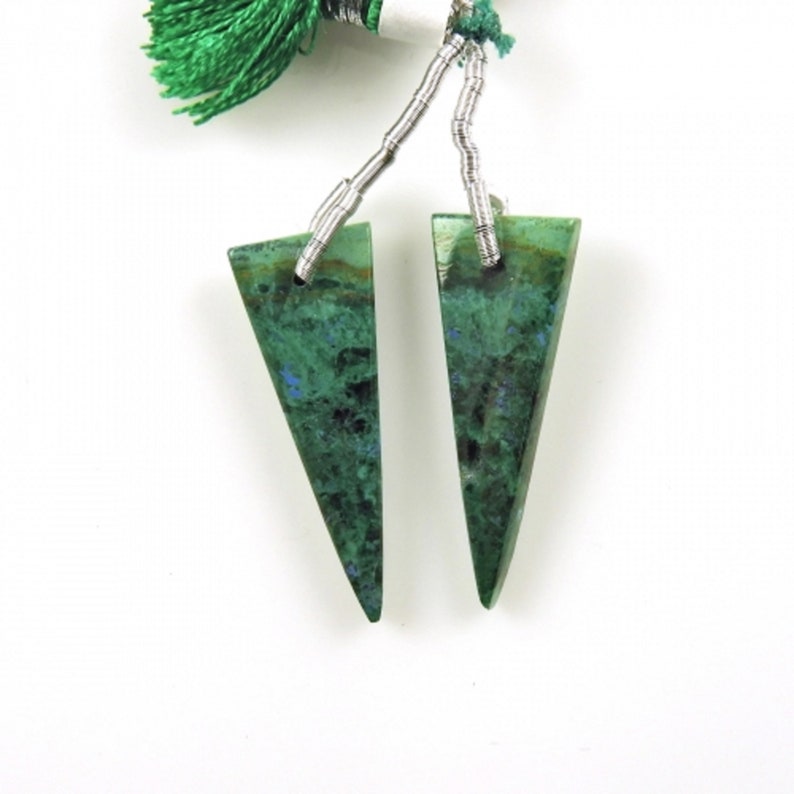 Chrysocolla Drops Trillion Shape 29x11mm Front To Back Drilled Beads Matching Pair Smooth Teal Color Drops For Earring Making 34132