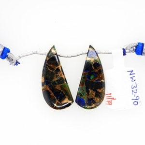 Copper Azurite Malachite Drops Horn Shape 30x12mm Drilled Beads Matching Pair, Beautiful Blue Green Patterns, For Earring Making (25358)
