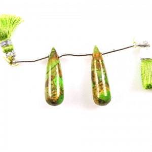 Copper Green Turquoise Drops Briolette Shape 25x8mm Drilled Beads Matching Pair, Beautiful Green Color Accented with Golden Tones (35074)