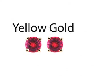 14Kルベライト&ダイヤモンドピアス ルベライトトルマリンラウンド 4mm、0.52カラット、14Kイエロー