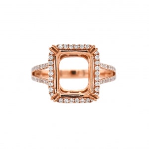 Ring Semi-Mount Emerald Cut 11x9mm In 14k Rose Gold With Diamonds, Split Shank Halo Wedding Ring Semi Mount, Ladies Jewelry Gift (37104)
