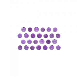 May include: A collection of 25 round, purple amethyst cabochons. The cabochons are arranged in a rectangular pattern on a white background.