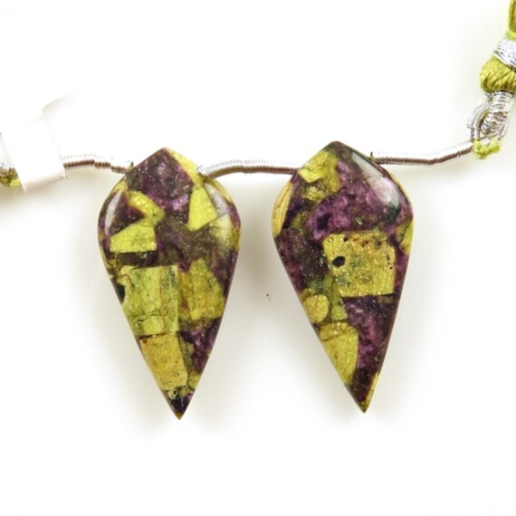 Stichtite Drops Leaf Shape 22x15mm Drilled Beads Matching Pair, Green And  Purple Color Pattern, Smooth Briolette, For Earring Making (35799)