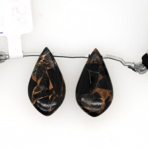 Black Copper Obsidian Drop Leaf Shape 24x13mm Drilled Bead Matching Pair, Glassy Luster, Smooth Briolettes For Earring Making (43863)