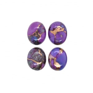 Może przedstawiać: Cztery fioletowe i miedziane kamienie kaboszonowe z marmurowym wzorem.