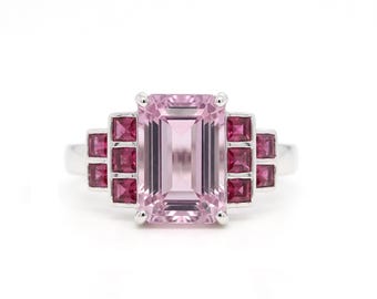Kunzite Emerald Cut 3.01 Carat Ring In 14K White Gold With Pink Spinel Accents (145834)