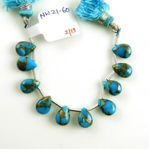 Copper Blue Turquoise Drops Almond Shape 10x7mm Drilled Beads 10 Pieces, December Birthstone, Blue Color Accented with Gold Tones (19646)