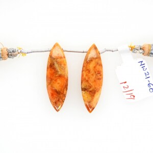 Spiny Oyster Drops Marquise Shape 32x10mm Drilled Beads Matching Pair, Smooth Orange Color Drops For Earring Making (25849)