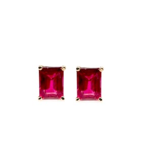 Madagascar Ruby Emerald Cut 8x6mm, 4.56 Carat Solitaire Stud Earring In 14k Yellow Gold, July Birthstone, Ruby Jewelry, Women Gift (51042)