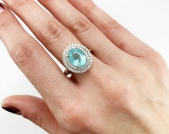 Paraiba Tourmaline Oval 2.30 Carat Double Halo Ring With Diamonds In 14k White Gold, Twisted Shank Ring, Rings For Women (42889)