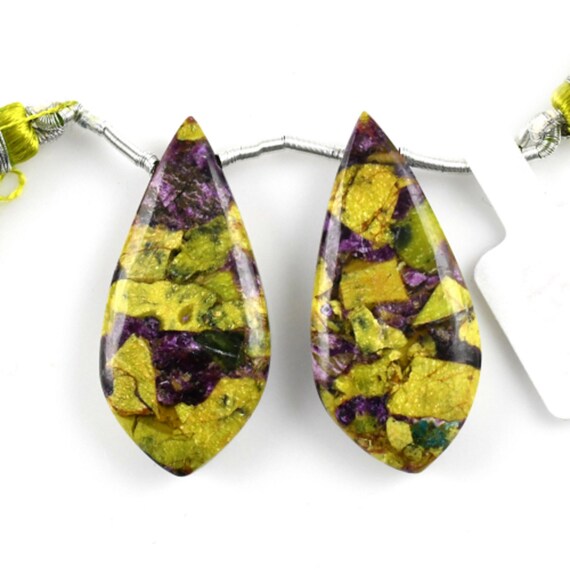 Stichtite Drops Leaf Shape 34x16mm Drilled Beads Matching Pair, Mix Of  Vibrant Green Color With Accents Of Purple And Hints Of Gold (41102)