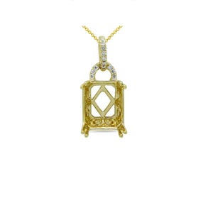 May include: A gold pendant setting for a rectangular gemstone, featuring an open frame with a diamond-shaped center cutout and intricate filigree details. The bail is embellished with small, clear pavé-set stones and hangs from a gold chain.