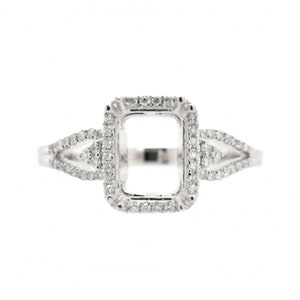 Ring Semi Mount Emerald Cut 8x6mm In 14k White Gold With Diamond Accents, Halo Designer Split Shank Ring Semi Mount, Jewelry Gift (39581)