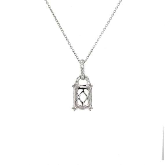 Emerald Cut 8x6mm Pendant Semi Mount In 14k White Gold With Accent Diamonds, 4 Double Prong Pendant, Necklace Jewelry, Women's Gift (45648)