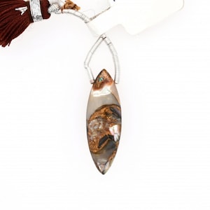 Op de afbeelding: Een traanvormige hanger met een bruine, witte en iriserende schelp inlay. De hanger is bevestigd aan een zilveren ketting.