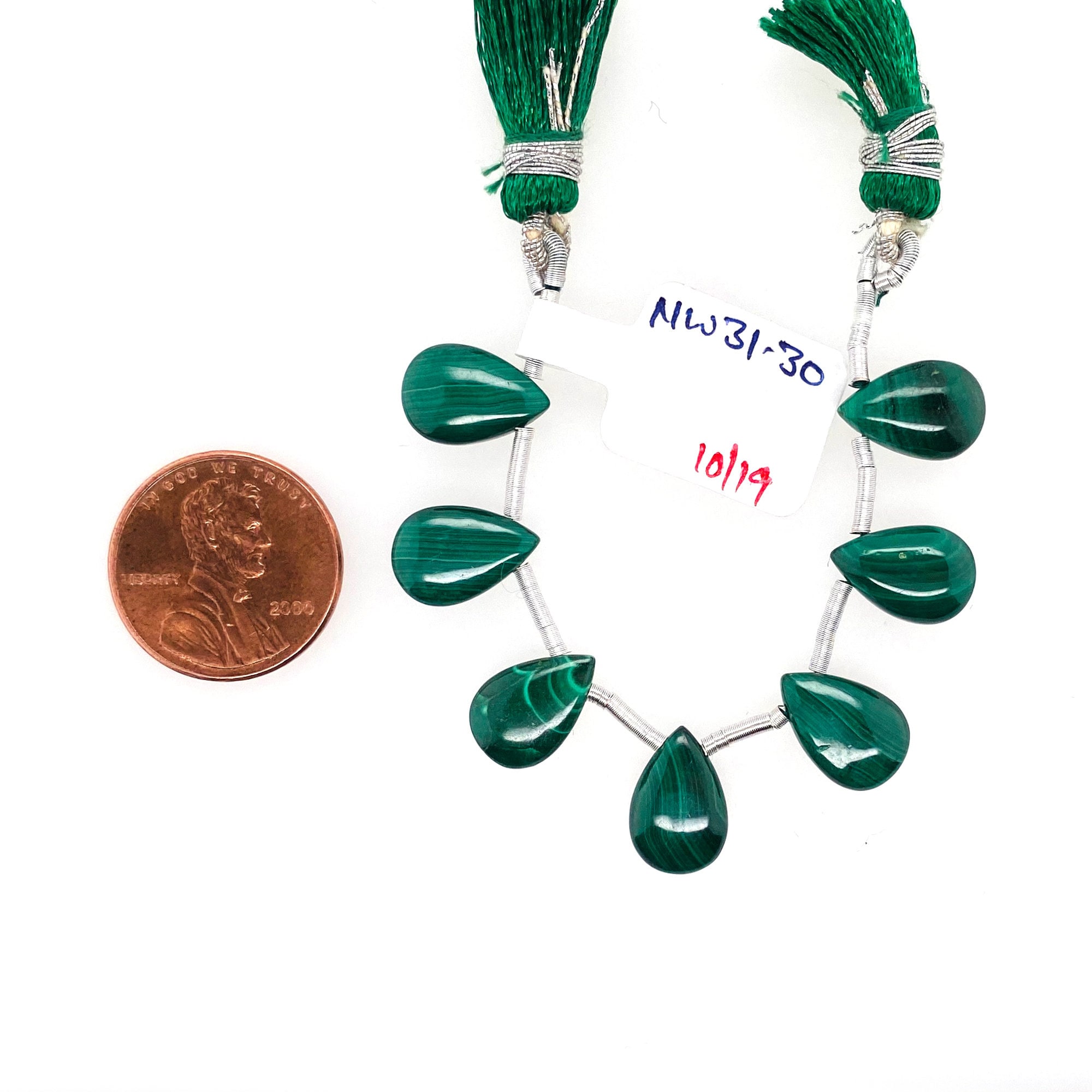 Malachite Drops Almond Shape 12x8mm Drilled Beads 7 Pieces