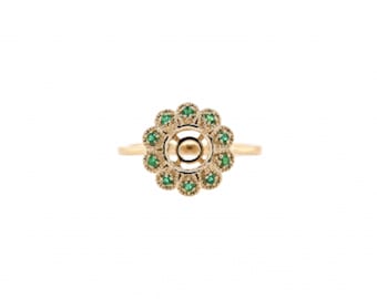Ring Semi-Mount Round 6.5mm In 14k Yellow Gold With Emerald Accents, Halo Emerald Ring Semi Mount, Jewelry Gift, Ladies Ring (50249)