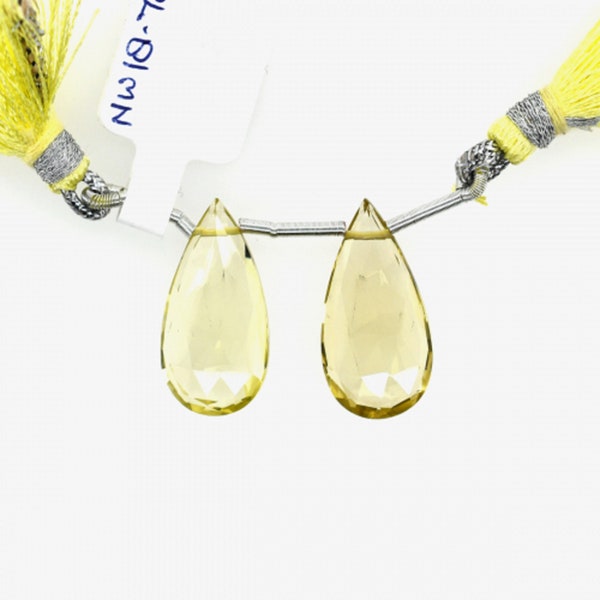 Lemon Quartz Drops Almond Shape 22x11mm Drilled Bead Matching Pair, Lemon-Yellow Variety Of Color with Greenish Tone, For Earrings (50634)