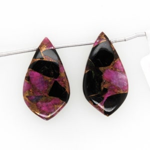 Pink Copper Obsidian Leaf Shape 28x16mm Drilled Beads Matching Pair, Bi Color Drops, Smooth Briolettes For Earring Making (24637)