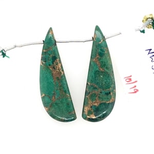 Copper Azurite Malachite Drops Horn Shape 34x10mm Drilled Beads Matching Pair, Elongated Green Smooth Briolette, For Earring Making (23844)
