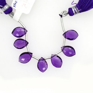 Hydro Amethyst Quartz Drops Leaf Shape 12x8mm Drilled Beads 7 Pieces Line, Deep Purple Color, Faceted Drops For Jewelry Making (50401)