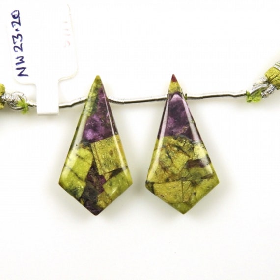 Stichtite Drops Shield Shape 32x17mm Drilled Beads Matching Pair,Unique Mix  Of Vibrant Green With Accents Of Purple And Hints Of Gold(34030)