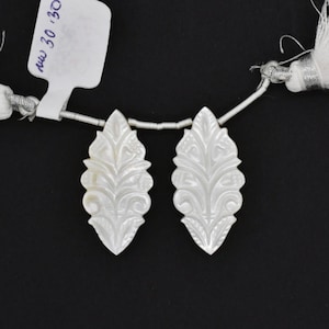 Carved Mother Of Pearl Drops Marquise Shape 30x15mm Drilled Bead Matching Pair, Carved White Color Drops, Nacre Earrings (49229)