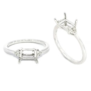 East West Emerald Cut 7x5mm Ring Semi Mount In 14k White Gold With Diamond Accents, Designer Ladies Ring Semi Mount, Jewelry Gift (53066)