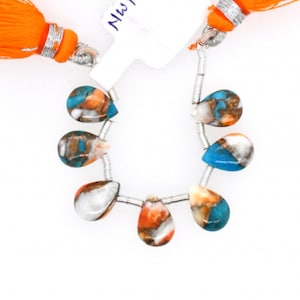 Copper Spiny Oyster And Turquoise Drops Almond 10x7mm Drilled Beads 7 Pieces Line, Nice Orange Blue Color Pattern Smooth Briolette&#39;s (42803)