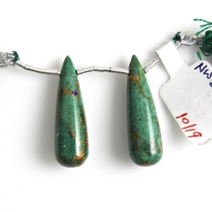 Copper Azurite Malachite Drops Briolette Shape 31x9mm Drilled Beads Matching Pair, Nice Green and Copper Color, Smooth Briolettes (30570)