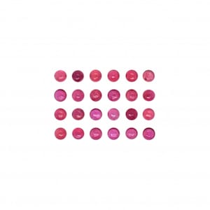 May include: A collection of 25 small, round, pink and red gemstones arranged in a grid pattern.
