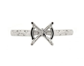 Ring Semi-Mount Round 8mm In 14k White Gold, Carved Shank Ring Semi Mount, Wedding Ring Mount, Jewelry Gift (39708)