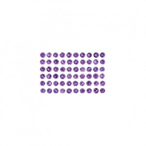 May include: A collection of 64 round, purple amethyst gemstones arranged in a grid pattern.