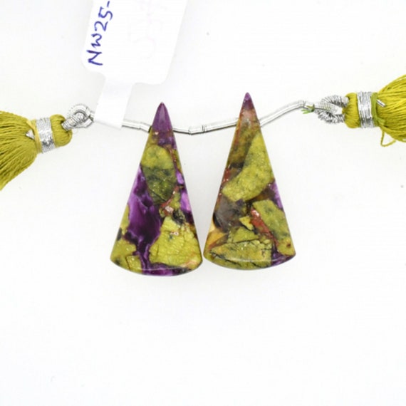 Stichtite Drops Conical 30x16mm Drilled Beads Matching Pair, Exquisite Mix  Of Vibrant Green With Accents Of Purple And Hints Of Gold (42214)