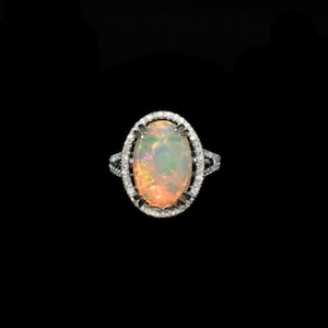 Ethiopian Opal Oval 3.80 Carat Split Shank Halo Ring With Diamond Accents In 14k White Gold, Gift For Her, Rings For Women (30198)