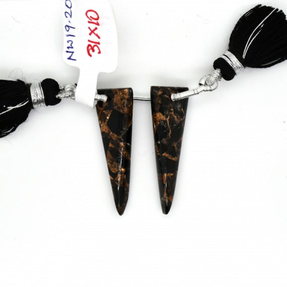 Black Copper Obsidian Drop Trillion Shape 31x10mm Front To Back Drilled Bead Matching Pair, Smooth Briolette, For Earring Making (46671)