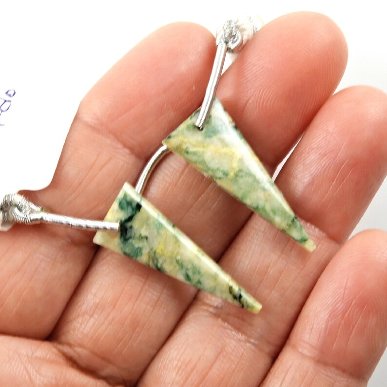 Smooth Briolettes For Earring Making Mariposite Drops Trillion Shape 27x10mm Front To Back Drilled Beads Matching Pair 35813
